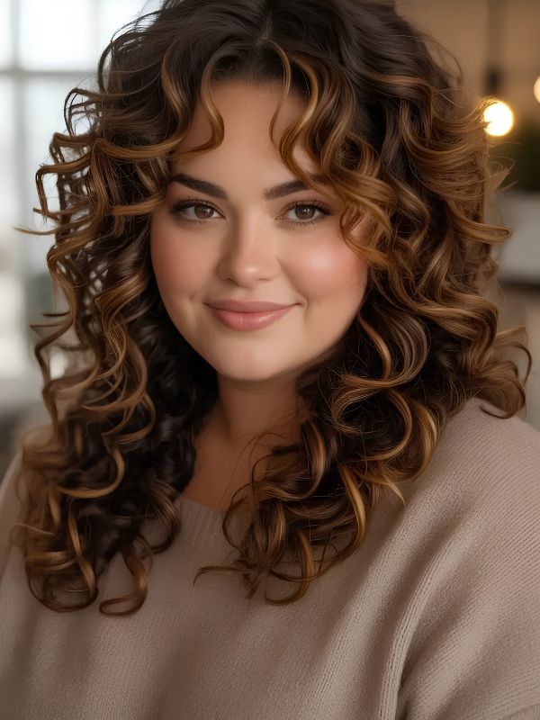 Curly Medium-Length Layers for Double Chin