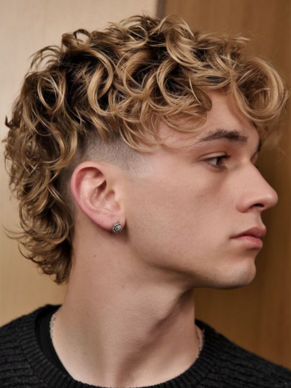 Curly Taper Mullet with Highlights